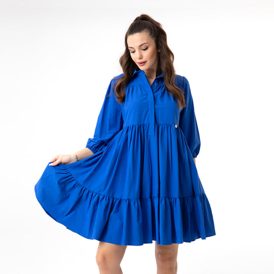 Shirt Collar Balloon Sleeve Midi Poplin Dress 31128