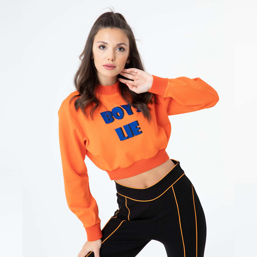 Mock Neck Embroidered Crop Sweatshirt 60278