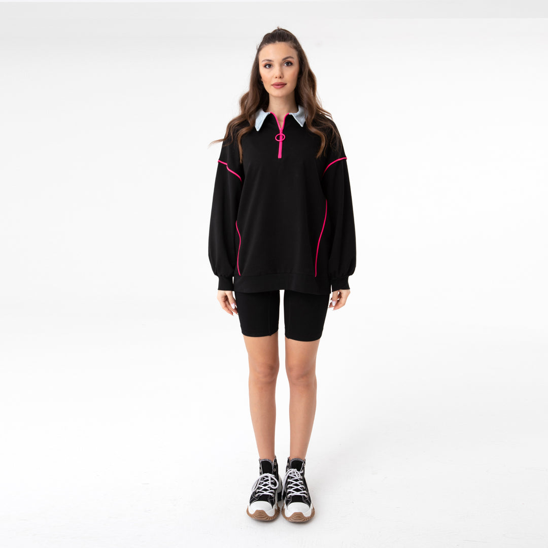 Zip Placket and Denim Detailed Sweatshirt 31073