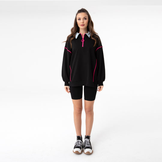 Zip Placket and Denim Detailed Sweatshirt 31073