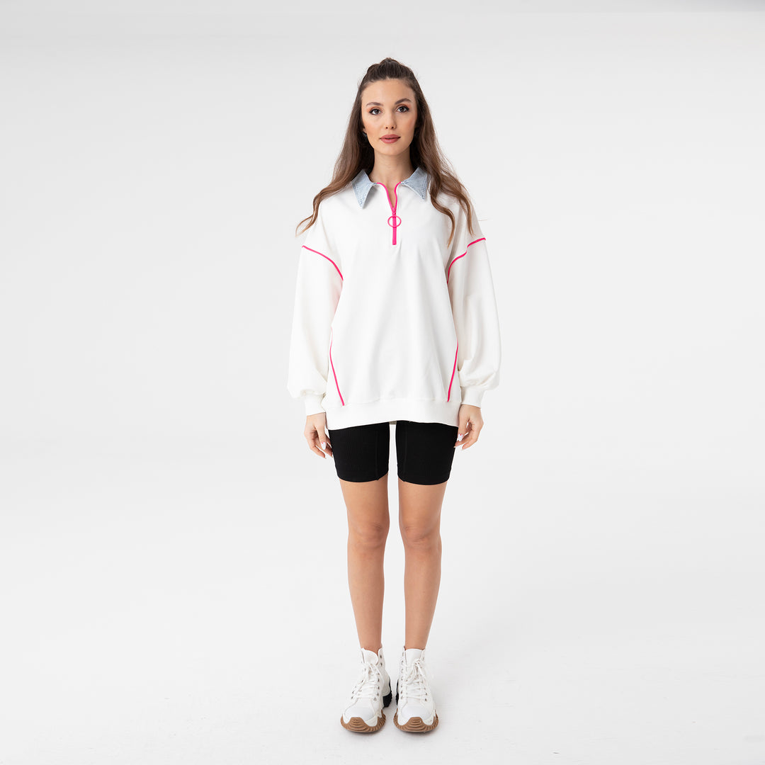 Zip Placket and Denim Detailed Sweatshirt 31073