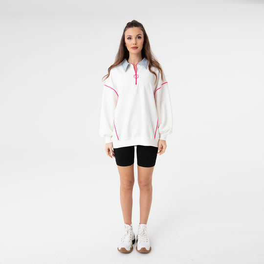 Zip Placket and Denim Detailed Sweatshirt 31073