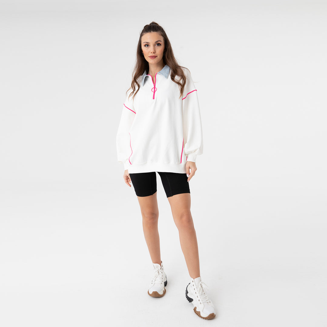 Zip Placket and Denim Detailed Sweatshirt 31073