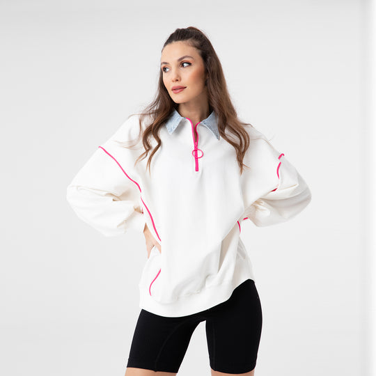 Zip Placket and Denim Detailed Sweatshirt 31073