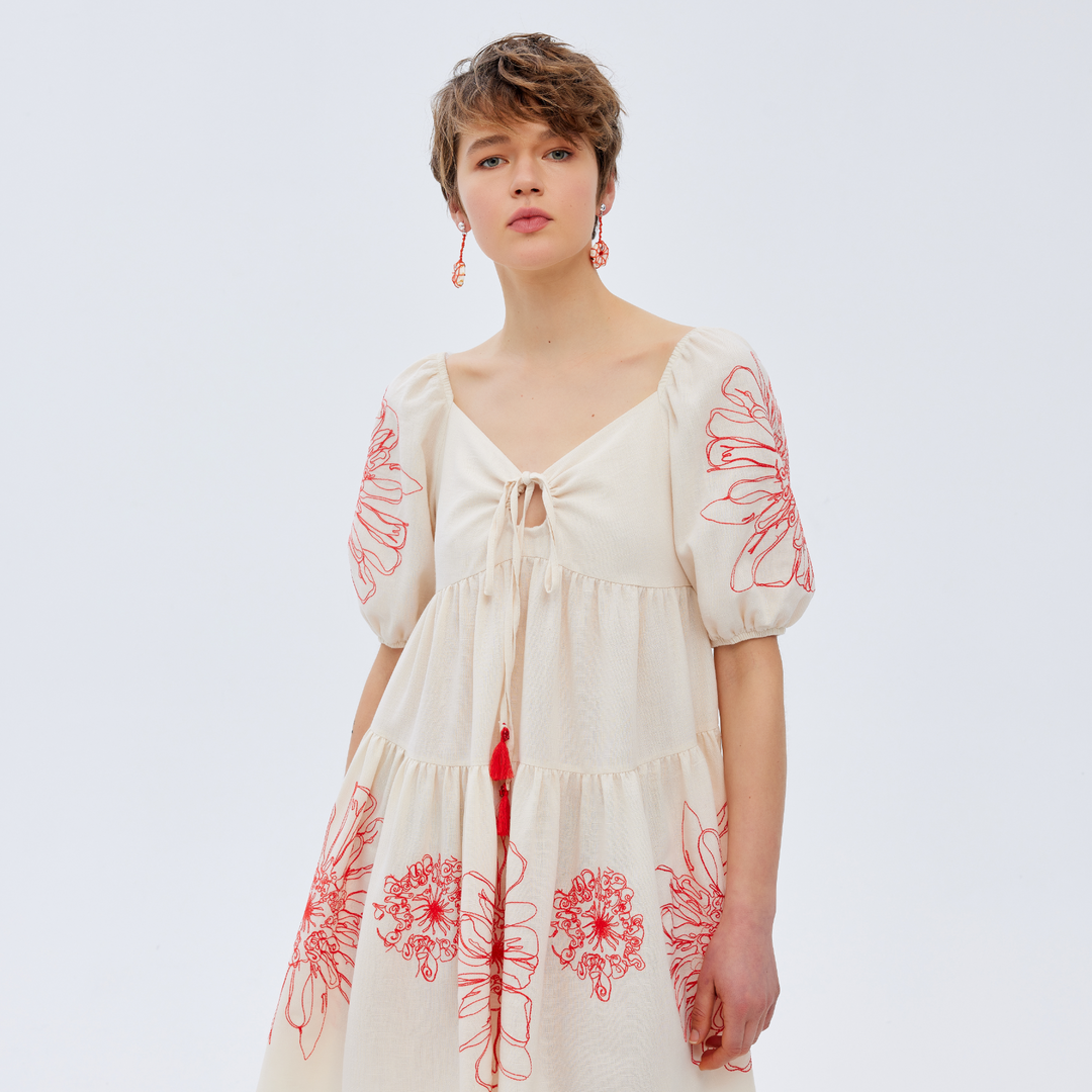 Front Tie Floral Embroidered Woven Dress 31229