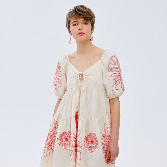 Front Tie Floral Embroidered Woven Dress 31229