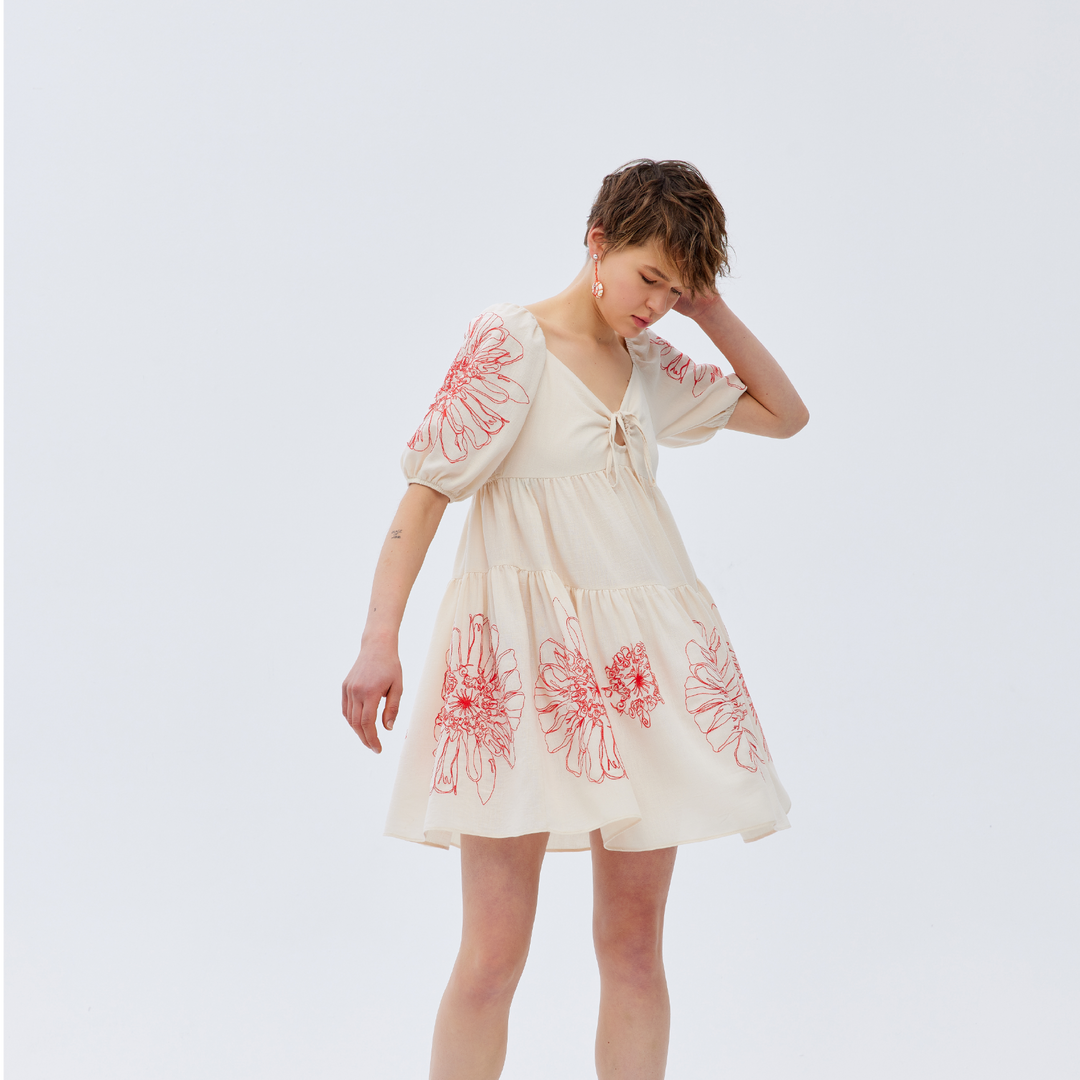 Front Tie Floral Embroidered Woven Dress 31229