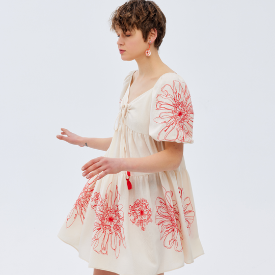 Front Tie Floral Embroidered Woven Dress 31229