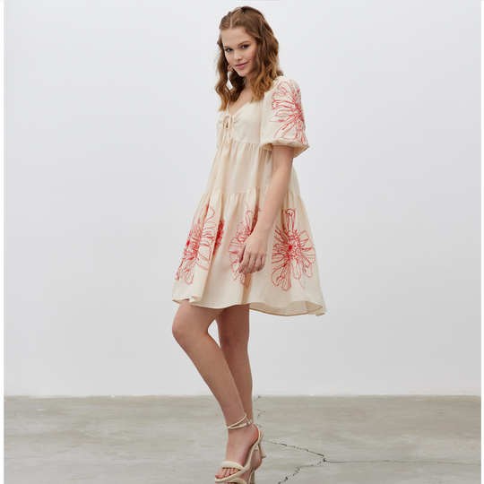 Front Tie Floral Embroidered Woven Dress 31229