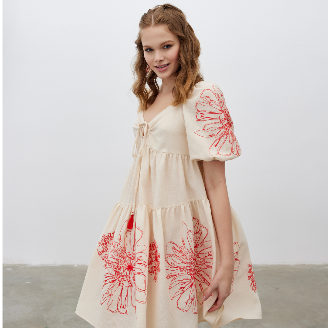 Front Tie Floral Embroidered Woven Dress 31229