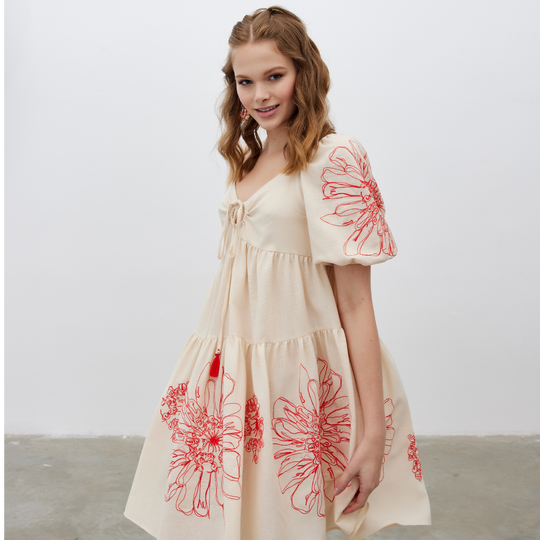 Front Tie Floral Embroidered Woven Dress 31229