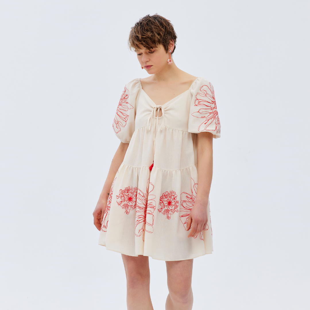 Front Tie Floral Embroidered Woven Dress 31229