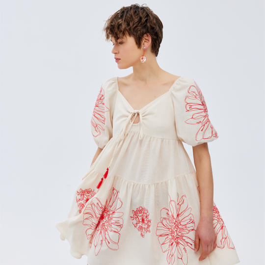 Front Tie Floral Embroidered Woven Dress 31229