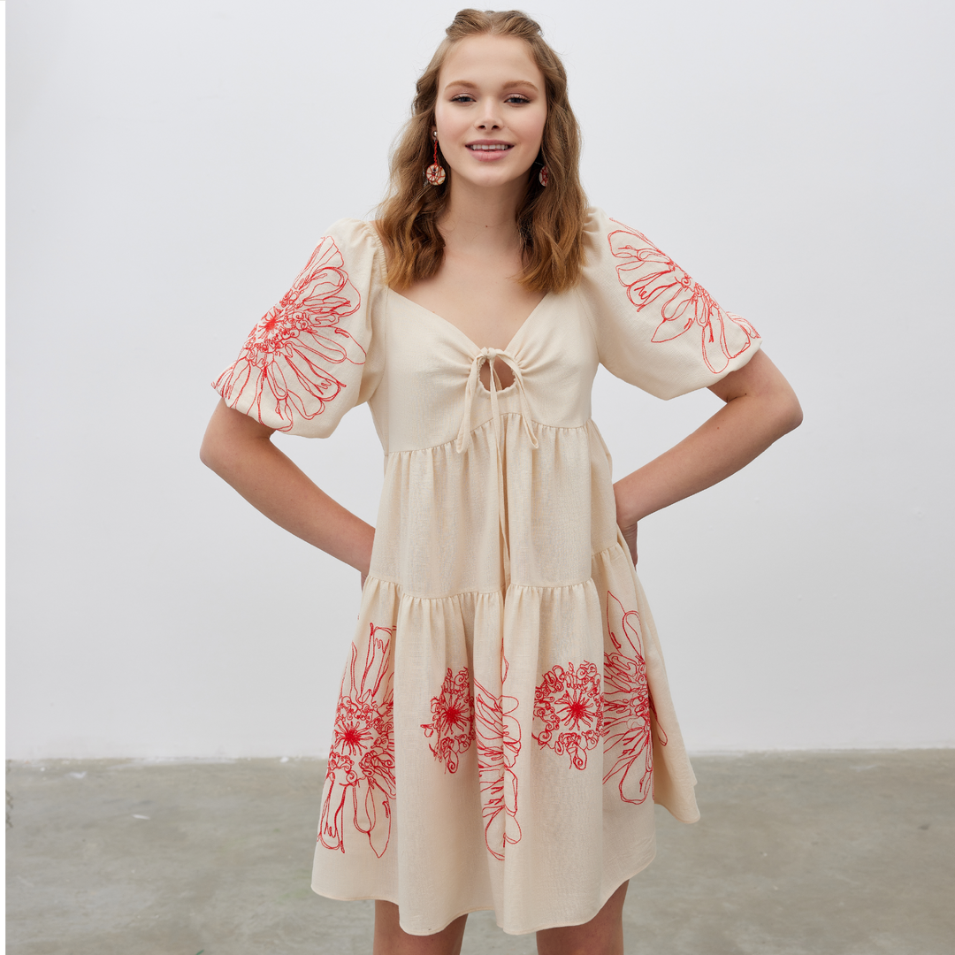 Front Tie Floral Embroidered Woven Dress 31229