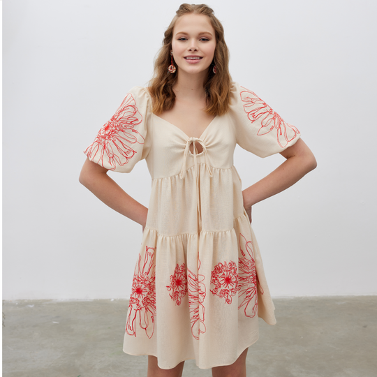 Front Tie Floral Embroidered Woven Dress 31229